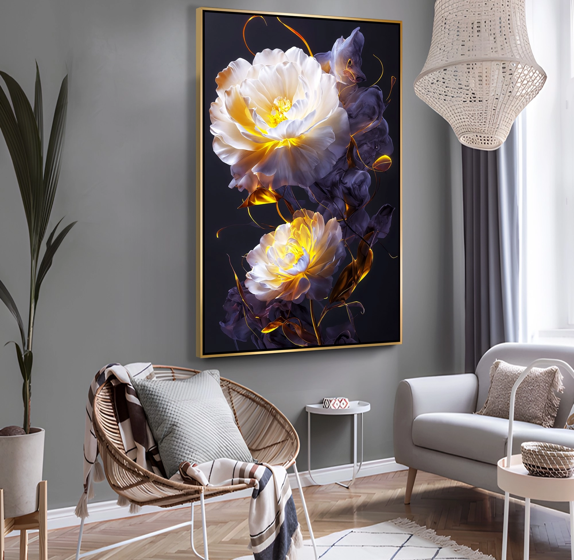 Gold%20Metal%20Çerçeveli%20Kabartma%20Görünümlü%20Dekoratif%20Çiçek%20Kanvas%20Tablo