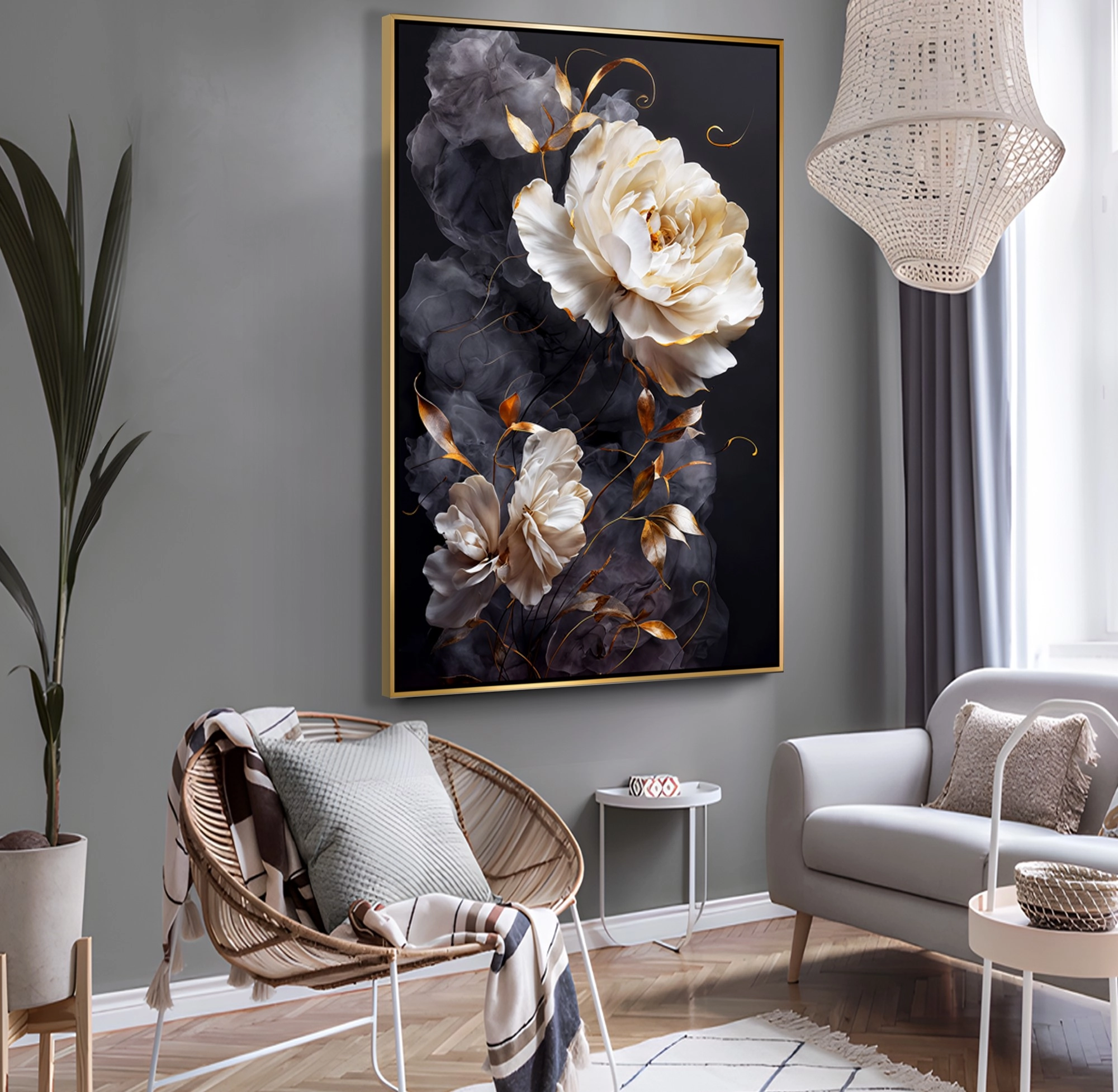Gold%20Metal%20Çerçeveli%20Kabartma%20Görünümlü%20Dekoratif%20Çiçek%20Kanvas%20Tablo