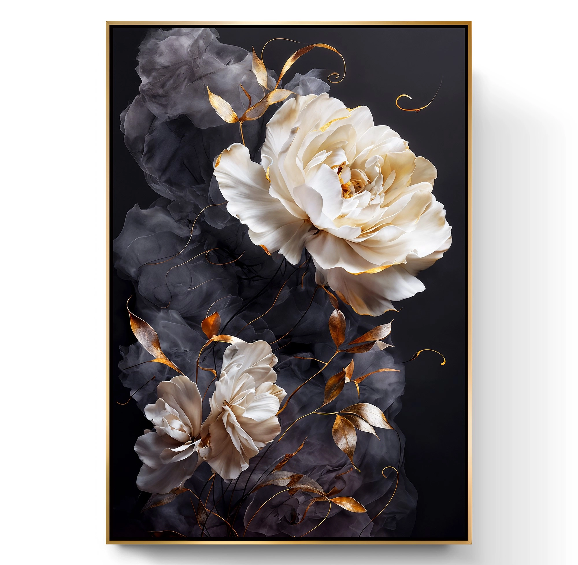 Gold%20Metal%20Çerçeveli%20Kabartma%20Görünümlü%20Dekoratif%20Çiçek%20Kanvas%20Tablo