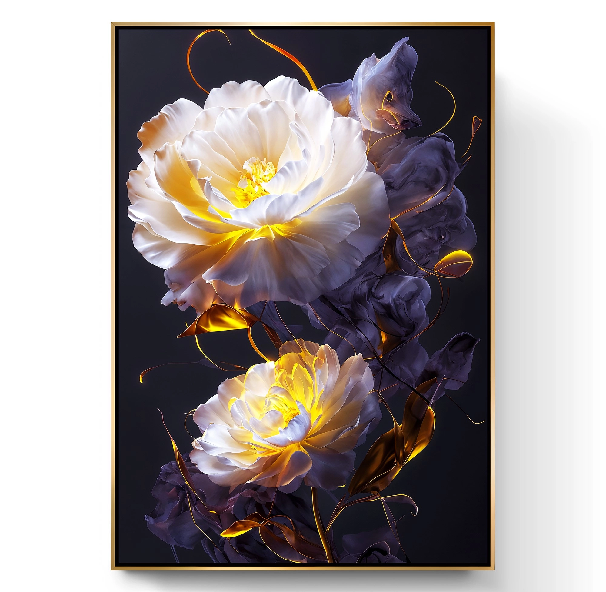Gold%20Metal%20Çerçeveli%20Kabartma%20Görünümlü%20Dekoratif%20Çiçek%20Kanvas%20Tablo