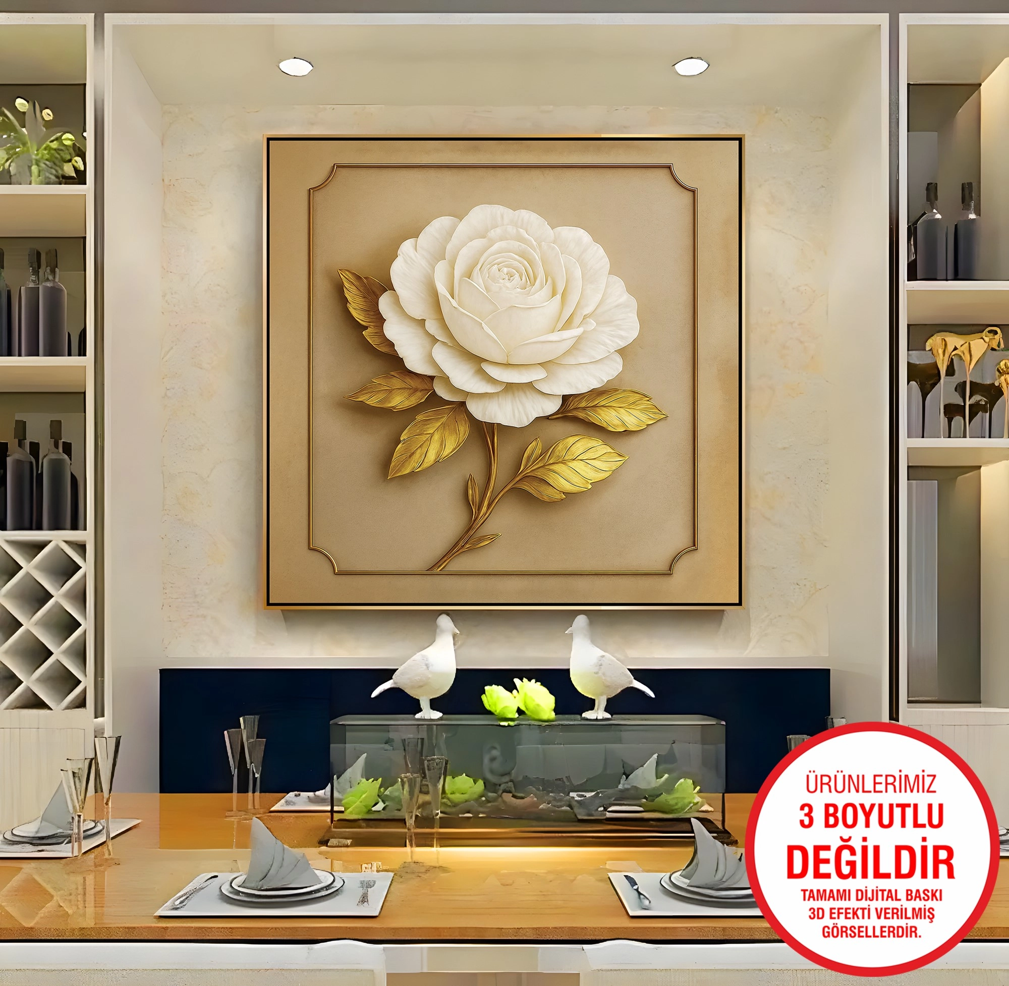 Gold%20Metal%20Çerçeveli%20Kabartma%20Görünümlü%20Beyaz%20Çiçek%20Kanvas%20Tablo
