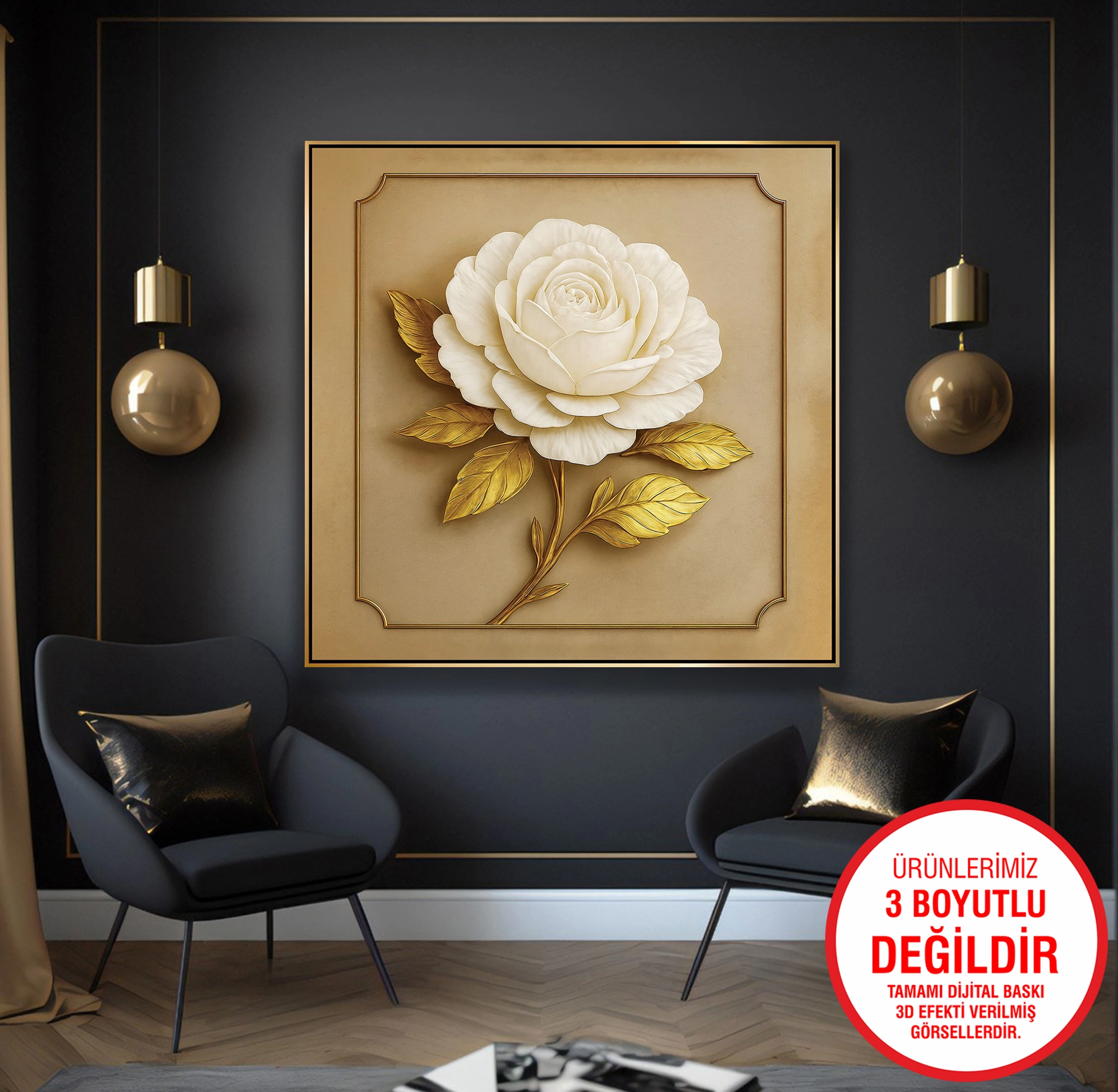 Gold%20Metal%20Çerçeveli%20Kabartma%20Görünümlü%20Beyaz%20Çiçek%20Kanvas%20Tablo