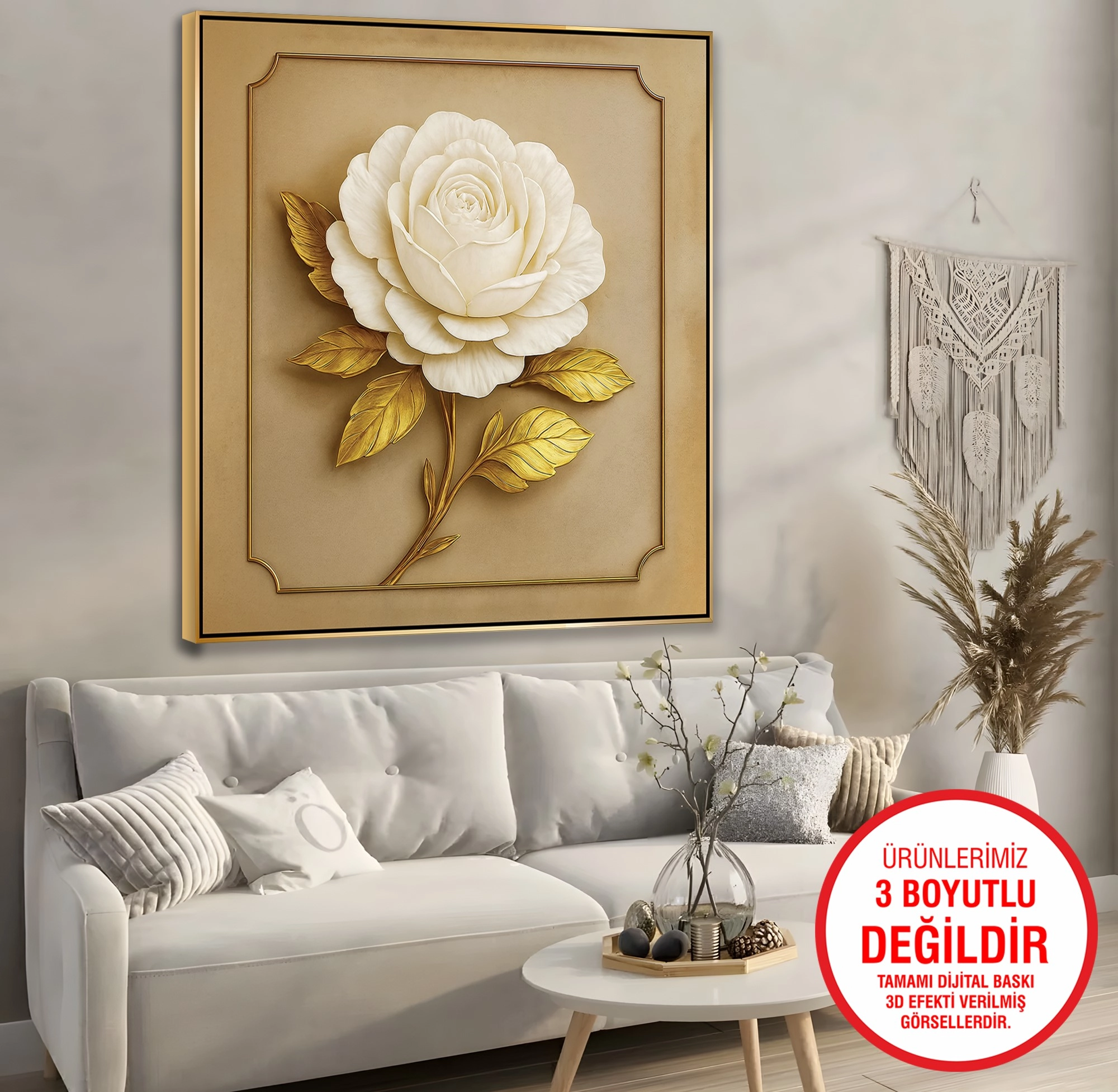 Gold%20Metal%20Çerçeveli%20Kabartma%20Görünümlü%20Beyaz%20Çiçek%20Kanvas%20Tablo