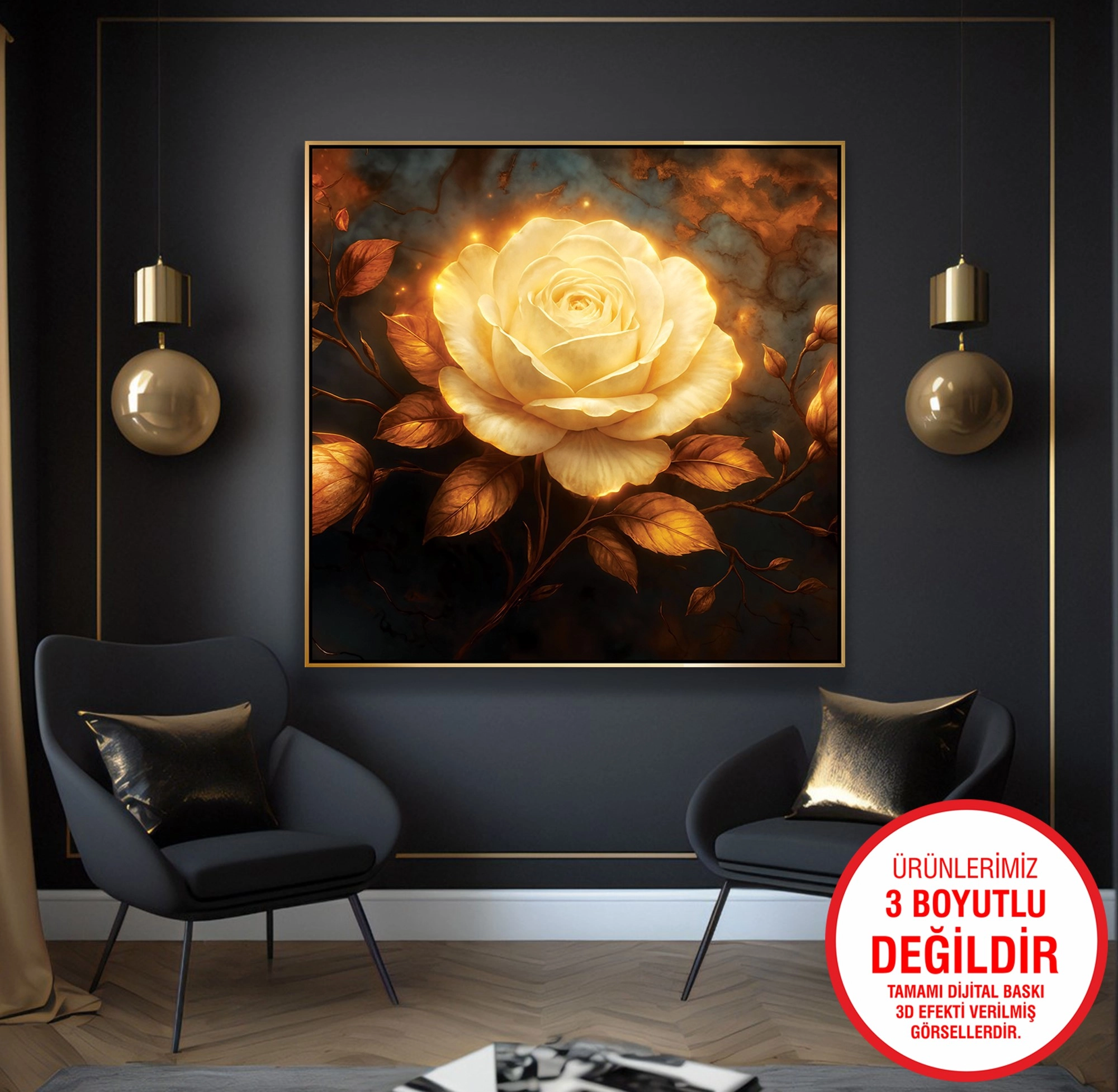Gold%20Metal%20Çerçeveli%20Kabartma%20Görünümlü%20Sarı%20Gül%20Kanvas%20Tablo