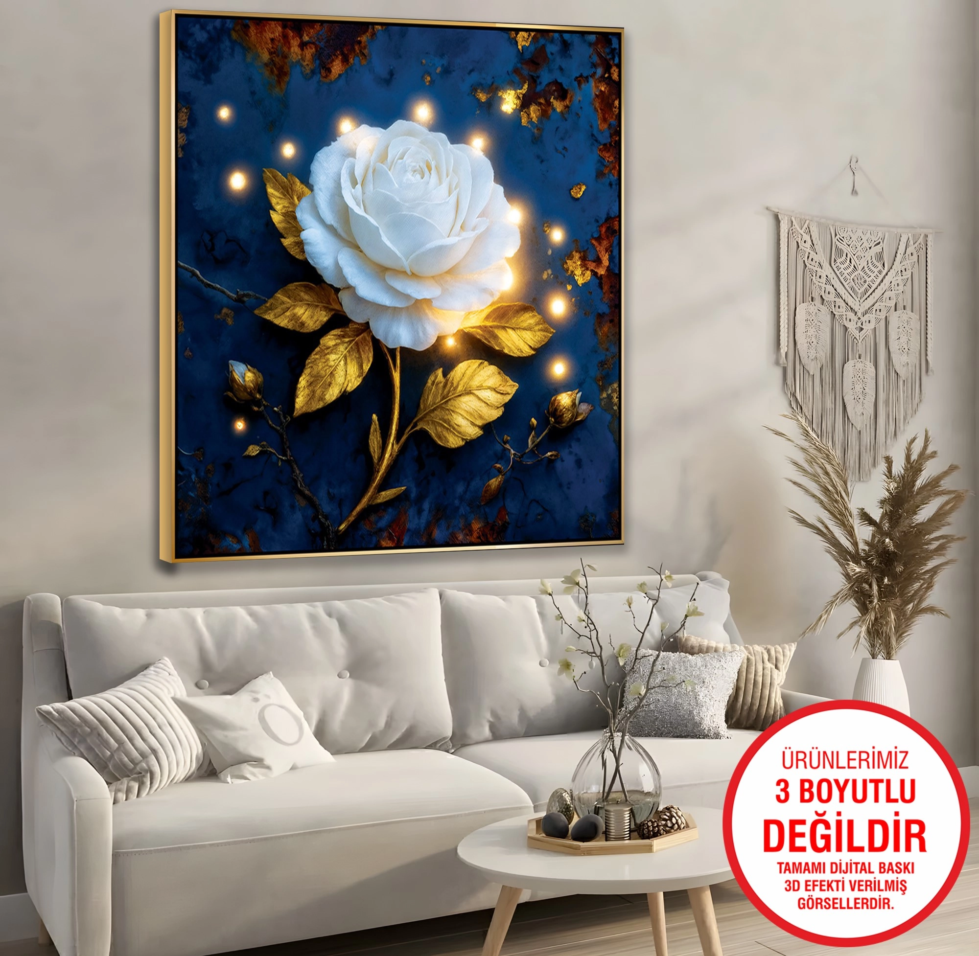 Gold%20Metal%20Çerçeveli%20Kabartma%20Görünümlü%20Beyaz%20Gül%20Kanvas%20Tablo