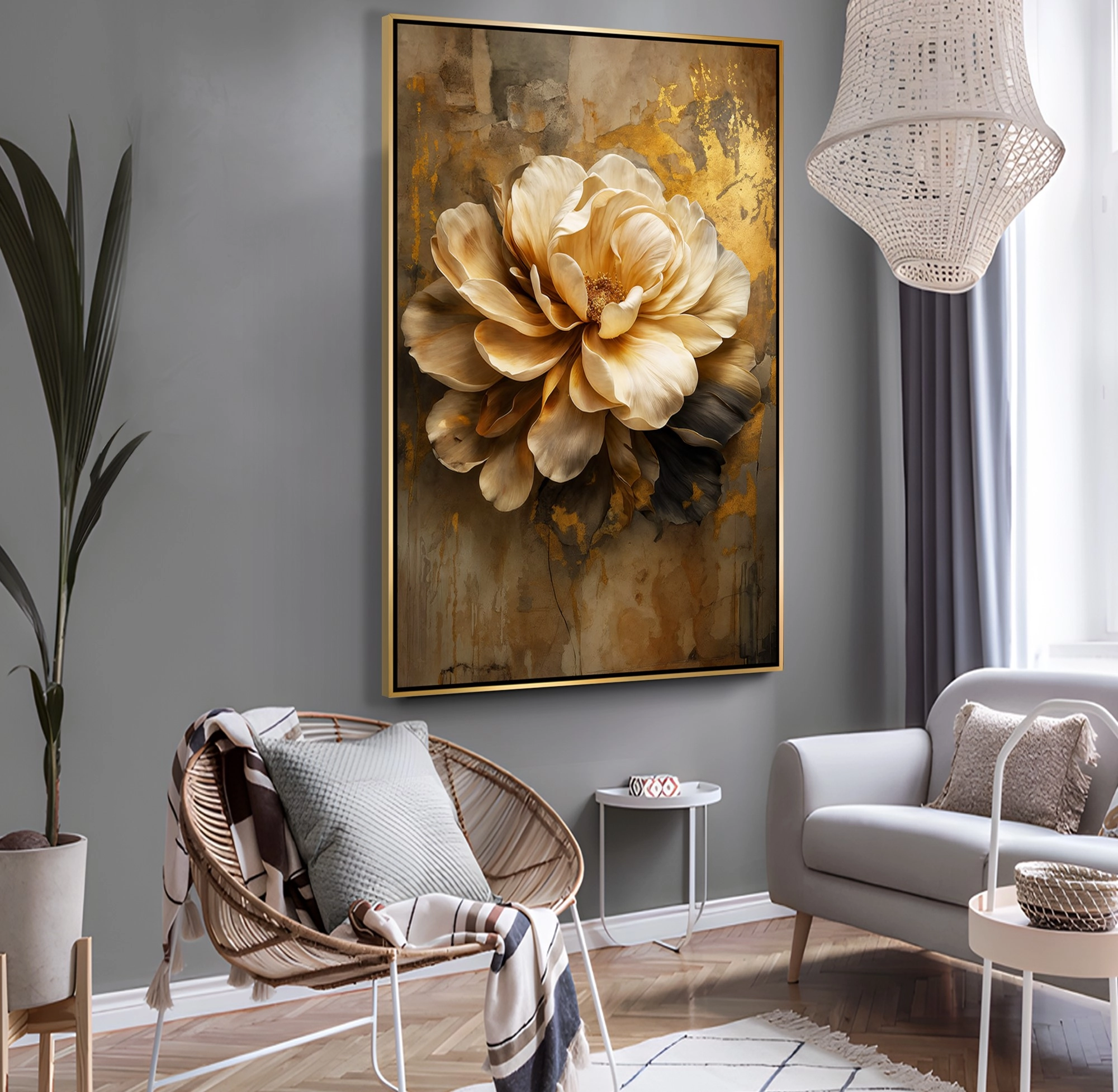 Gold%20Metal%20Çerçeveli%20Kabartma%20Görünümlü%20Dekoratif%20Çiçek%20Kanvas%20Tablo