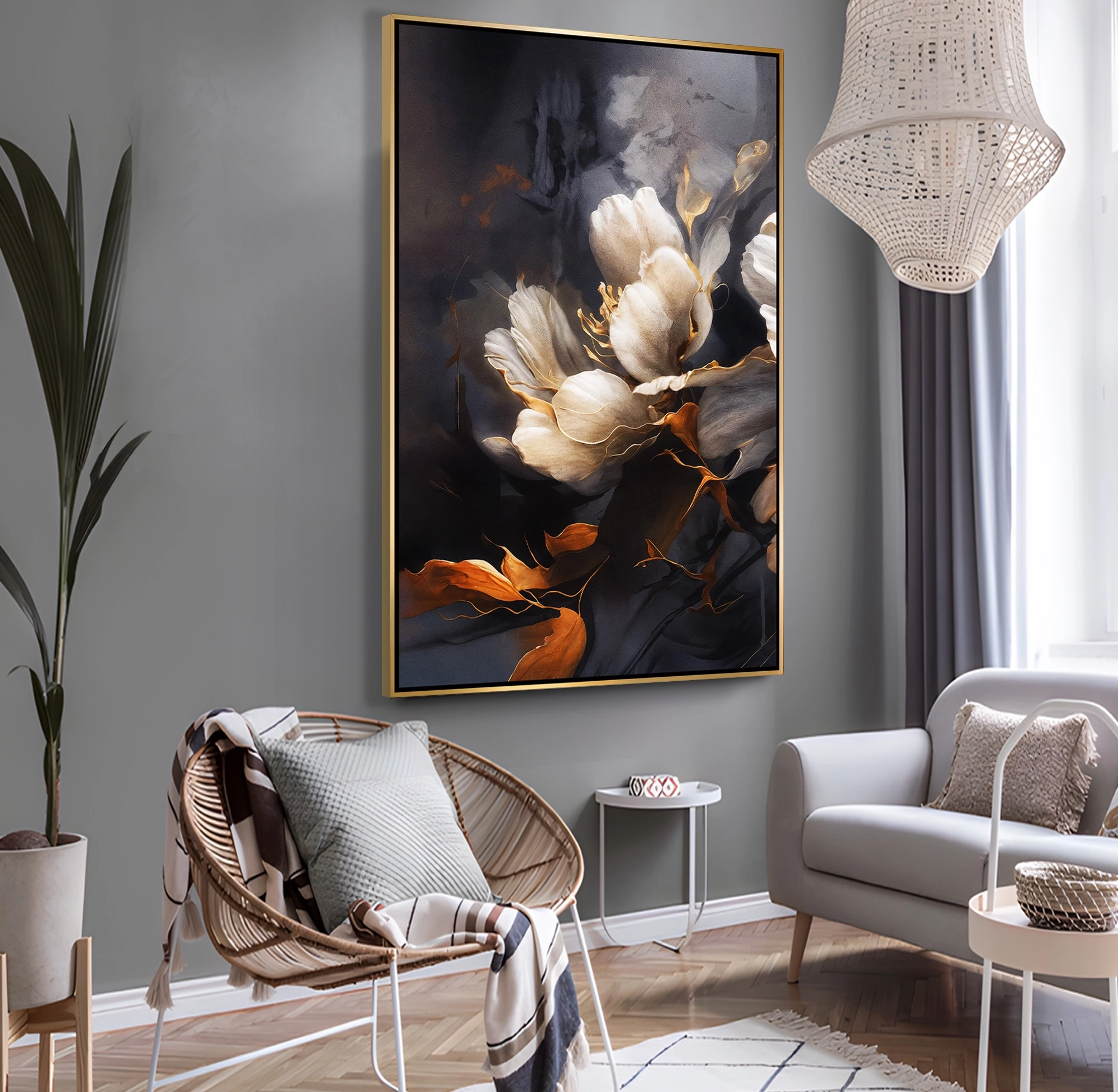 Gold%20Metal%20Çerçeveli%20Kabartma%20Görünümlü%20Dekoratif%20Çiçek%20Kanvas%20Tablo