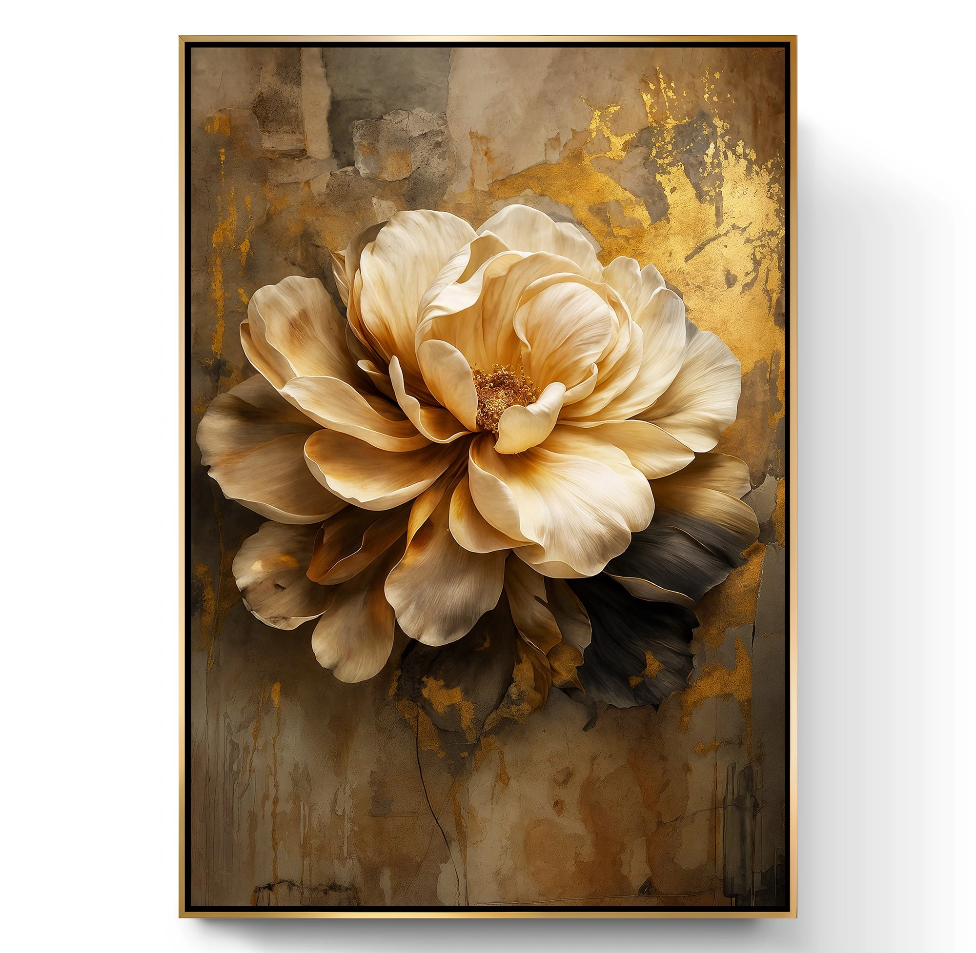 Gold%20Metal%20Çerçeveli%20Kabartma%20Görünümlü%20Dekoratif%20Çiçek%20Kanvas%20Tablo