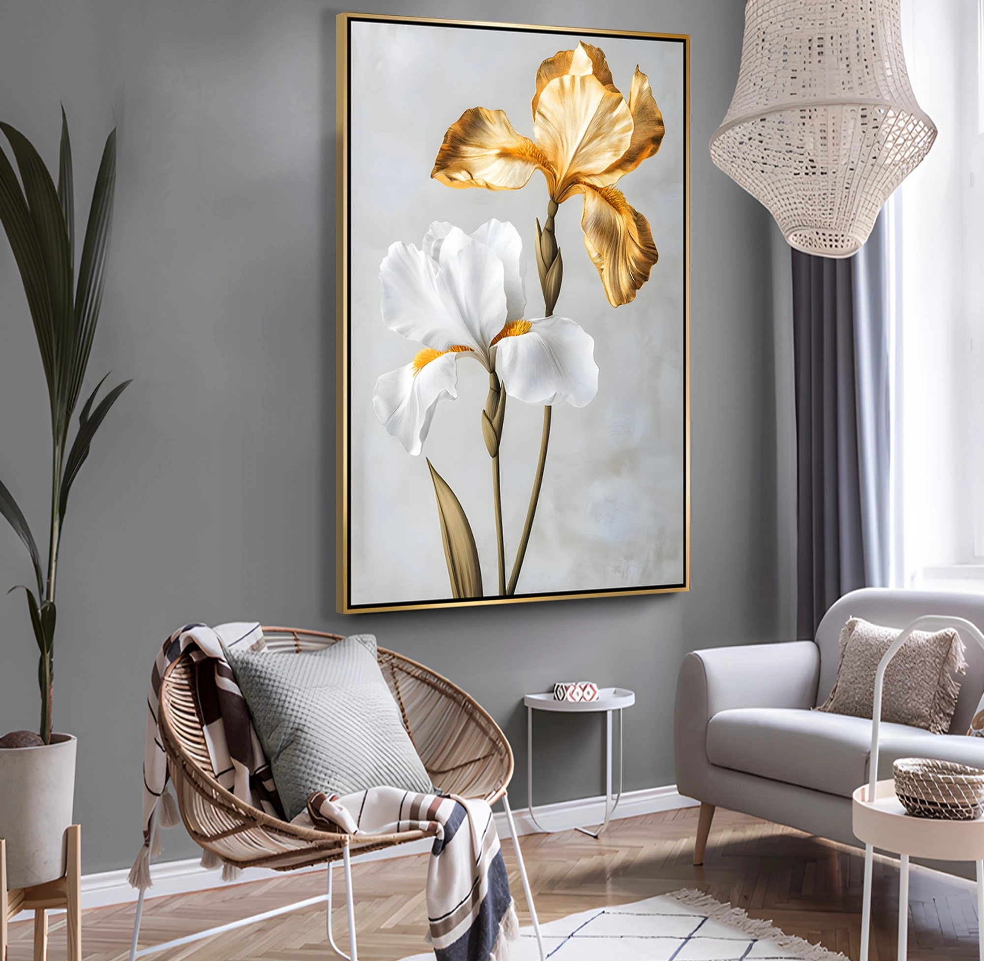 Gold%20Metal%20Çerçeveli%20Kabartma%20Görünümlü%20Dekoratif%20Çiçek%20Kanvas%20Tablo