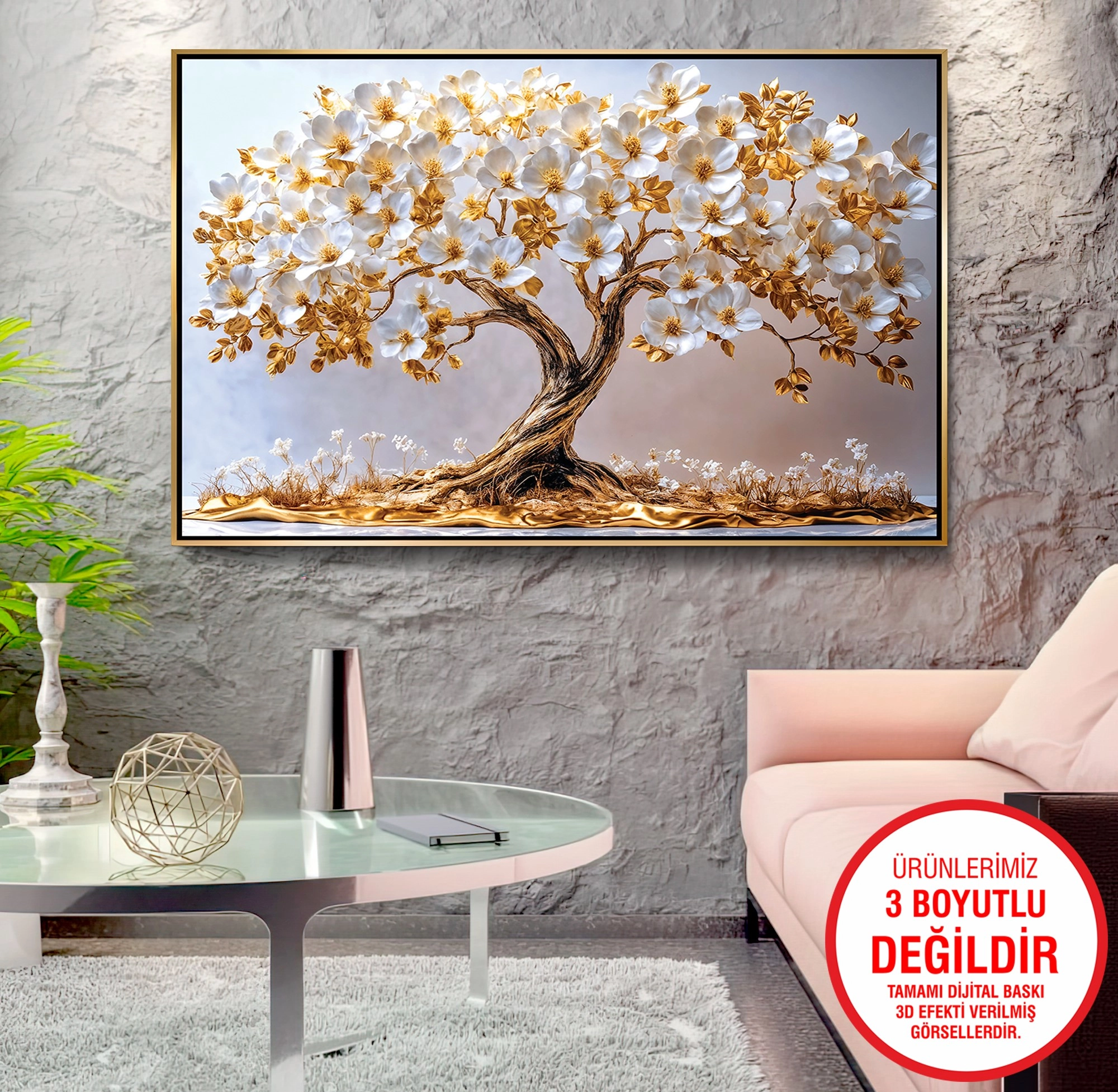 Gold%20Metal%20Çerçeveli%20Kabartma%20Görünümlü%20Ağaç%20Kanvas%20Tablo