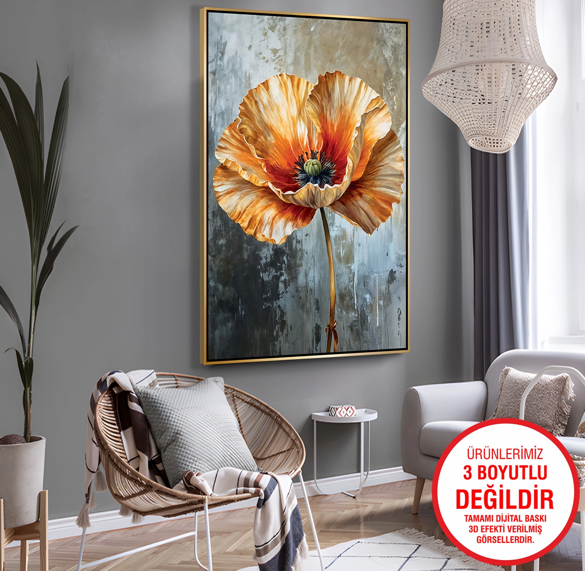 Gold%20Metal%20Çerçeveli%20Kabartma%20Görünümlü%20Gelincik%20Kanvas%20Tablo