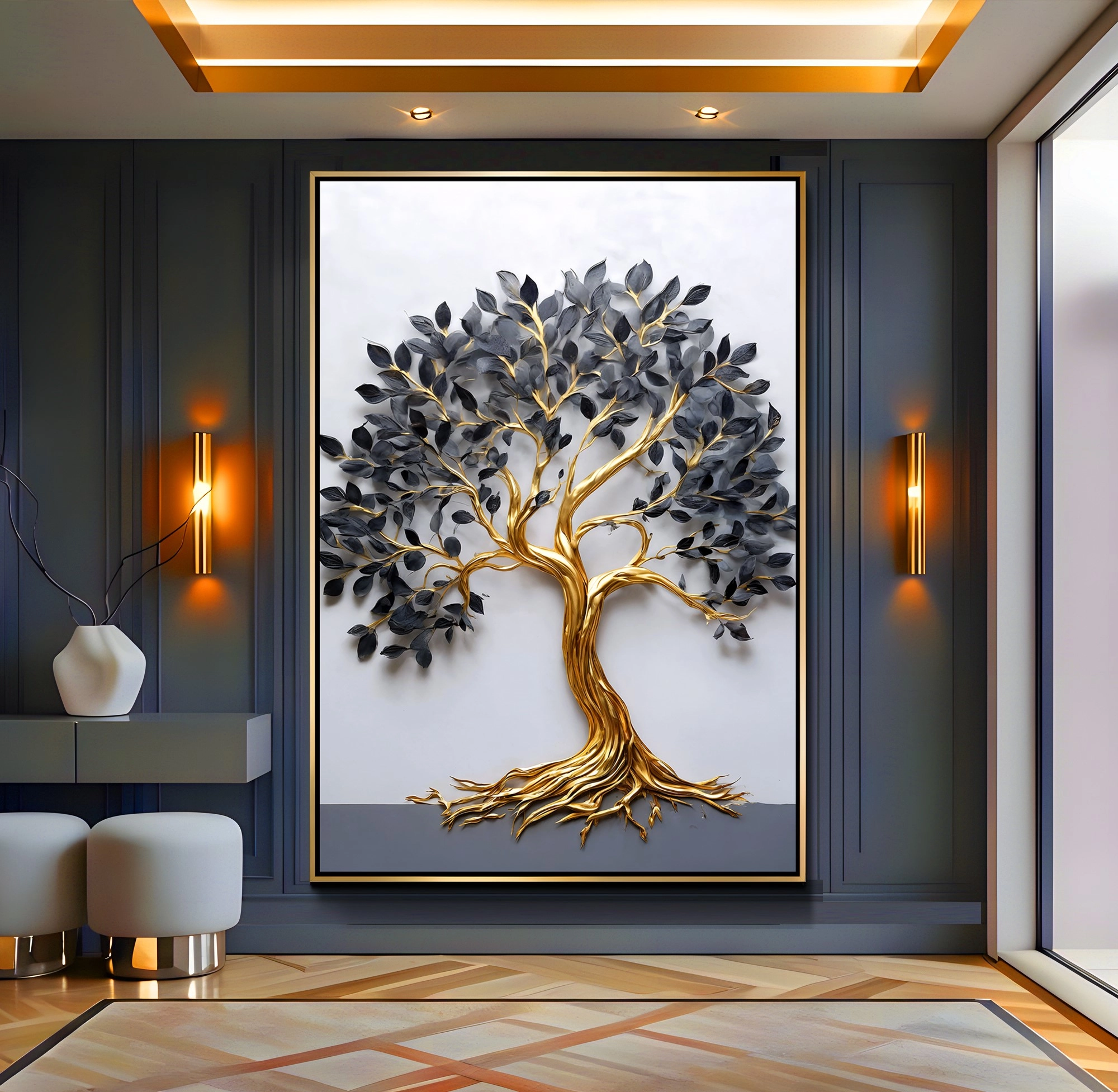 Gold%20Metal%20Çerçeveli%20Hayat%20Ağacı%20Kanvas%20Tablo