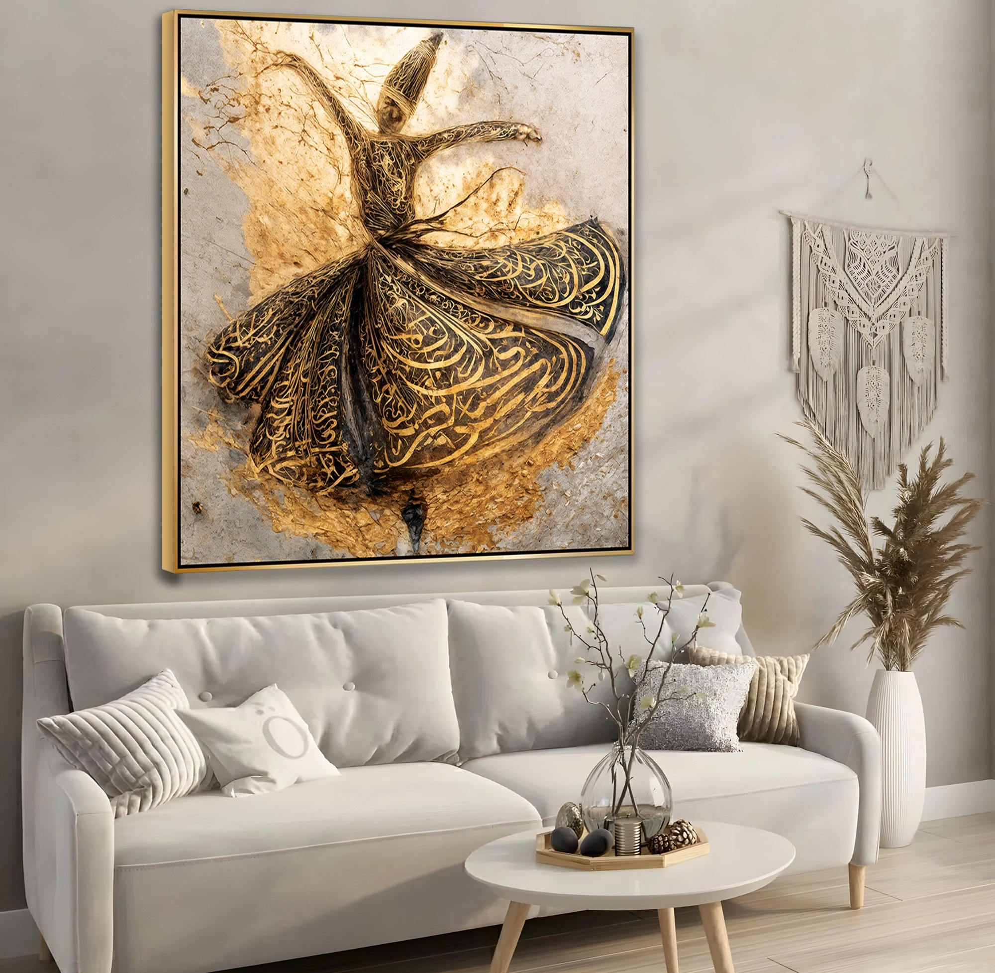 Gold%20Metal%20Çerçeveli%20Kabartma%20Görünümlü%20Semazen%20Kanvas%20Tablo