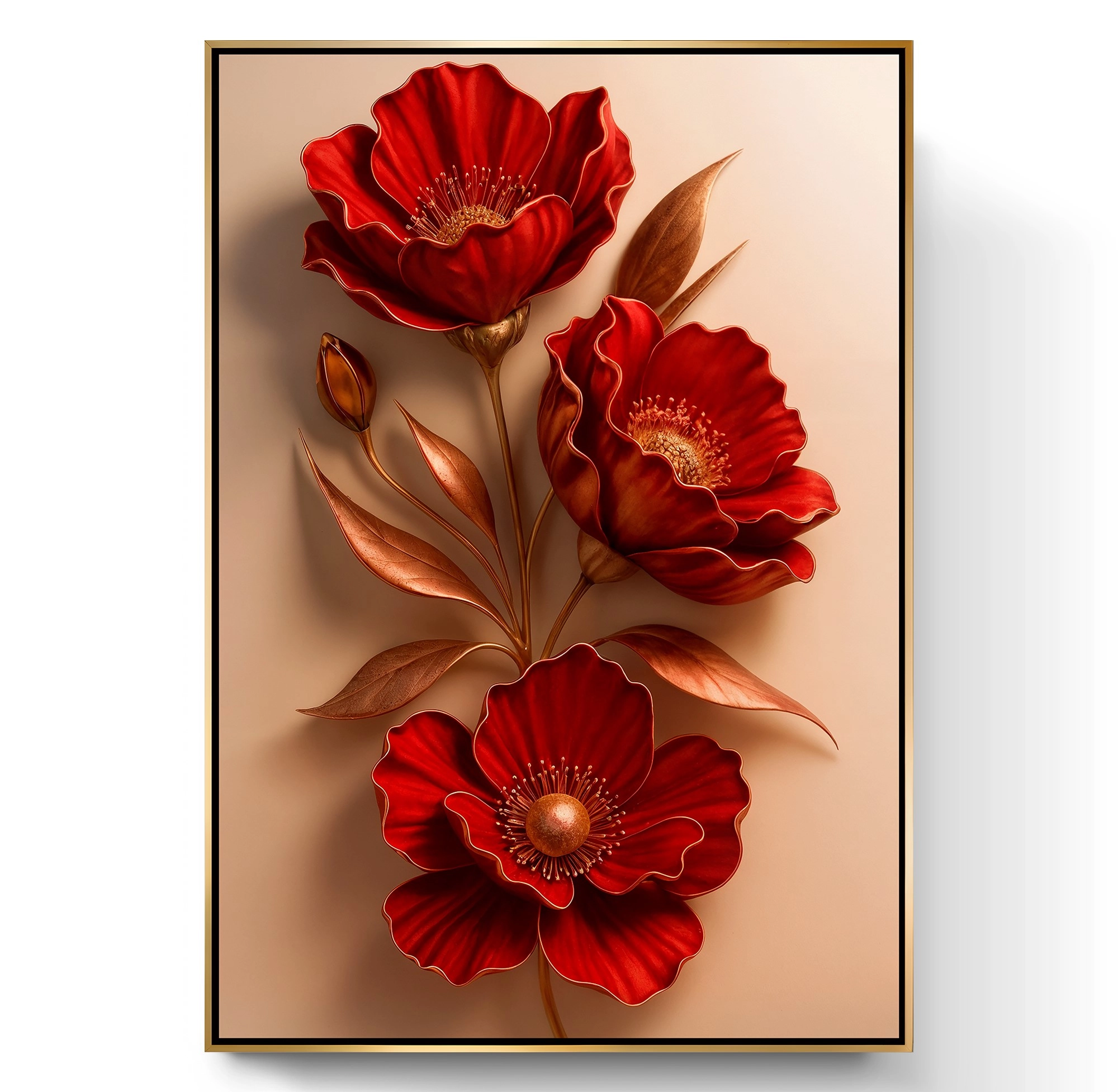 Gold%20Metal%20Çerçeveli%20Kabartma%20Görünümlü%20Kırmızı%20Çiçek%20Kanvas%20Tablo