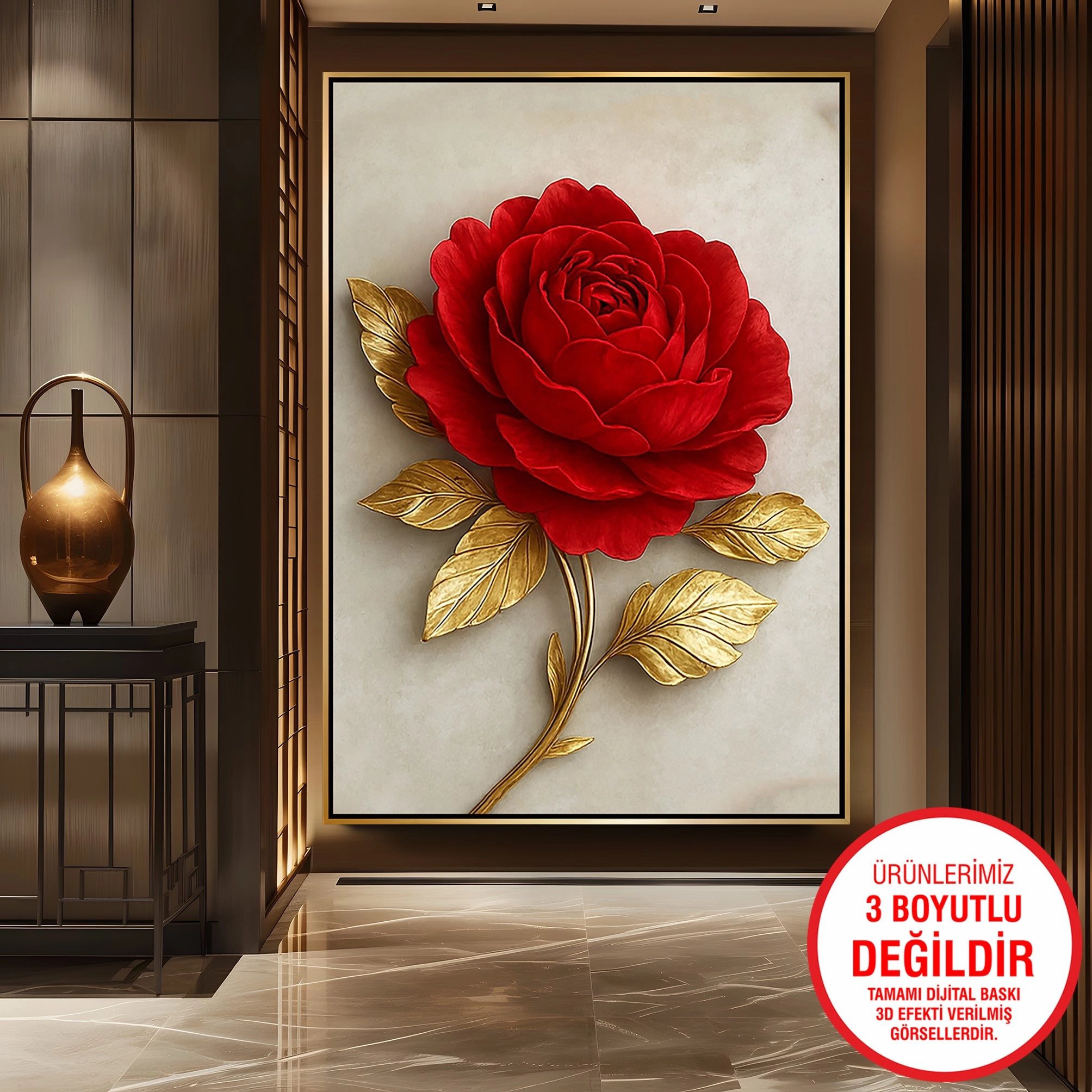 Gold%20Metal%20Çerçeveli%20Kabartma%20Görünümlü%20Kırmızı%20Gül%20Kanvas%20Tablo