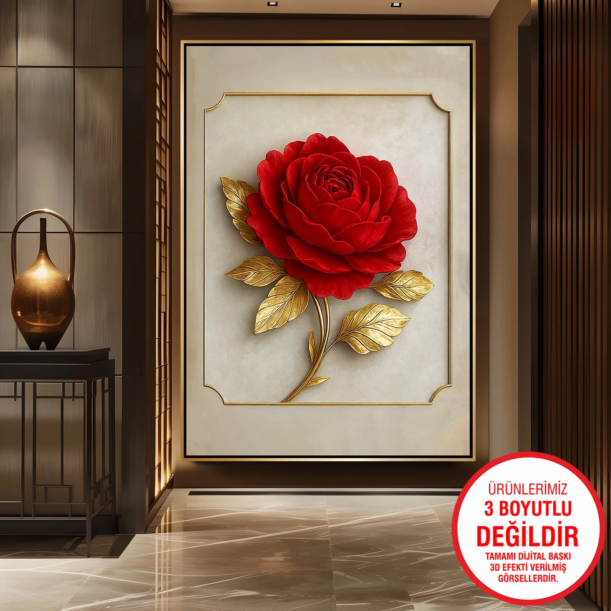 Gold%20Metal%20Çerçeveli%20Kabartma%20Görünümlü%20Kırmızı%20Gül%20Kanvas%20Tablo