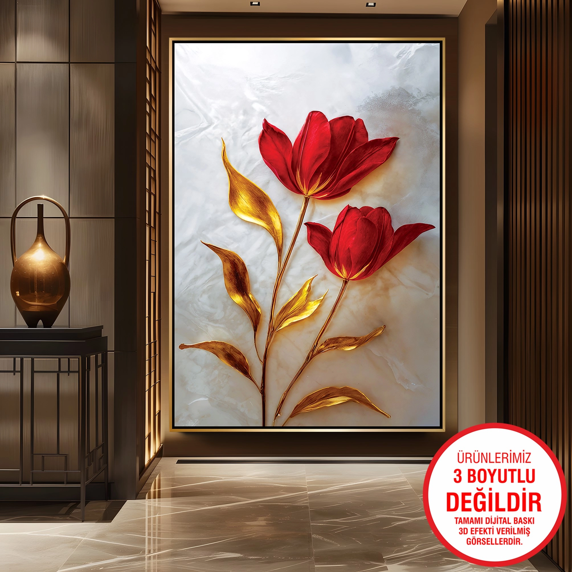 Gold%20Metal%20Çerçeveli%20Kabartma%20Görünümlü%20Kırmızı%20Lale%20Kanvas%20Tablo