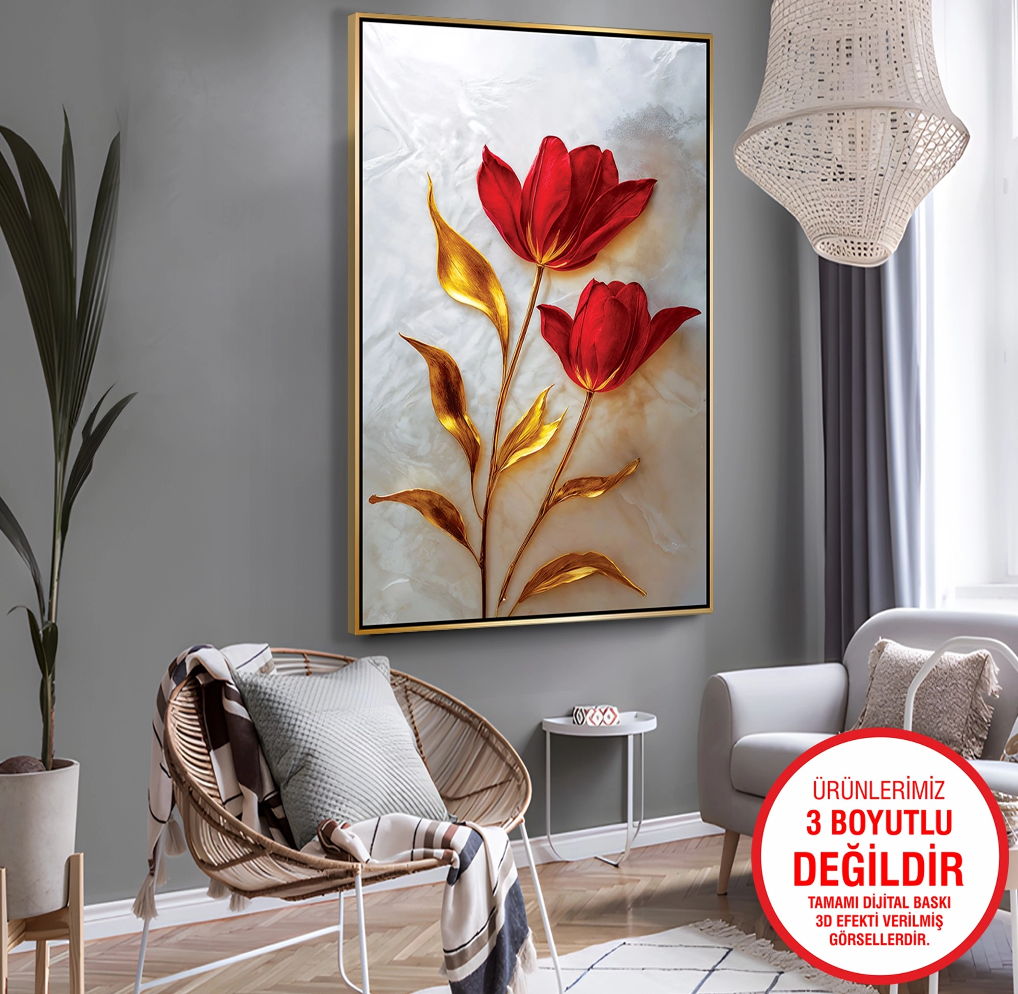 Gold%20Metal%20Çerçeveli%20Kabartma%20Görünümlü%20Kırmızı%20Lale%20Kanvas%20Tablo