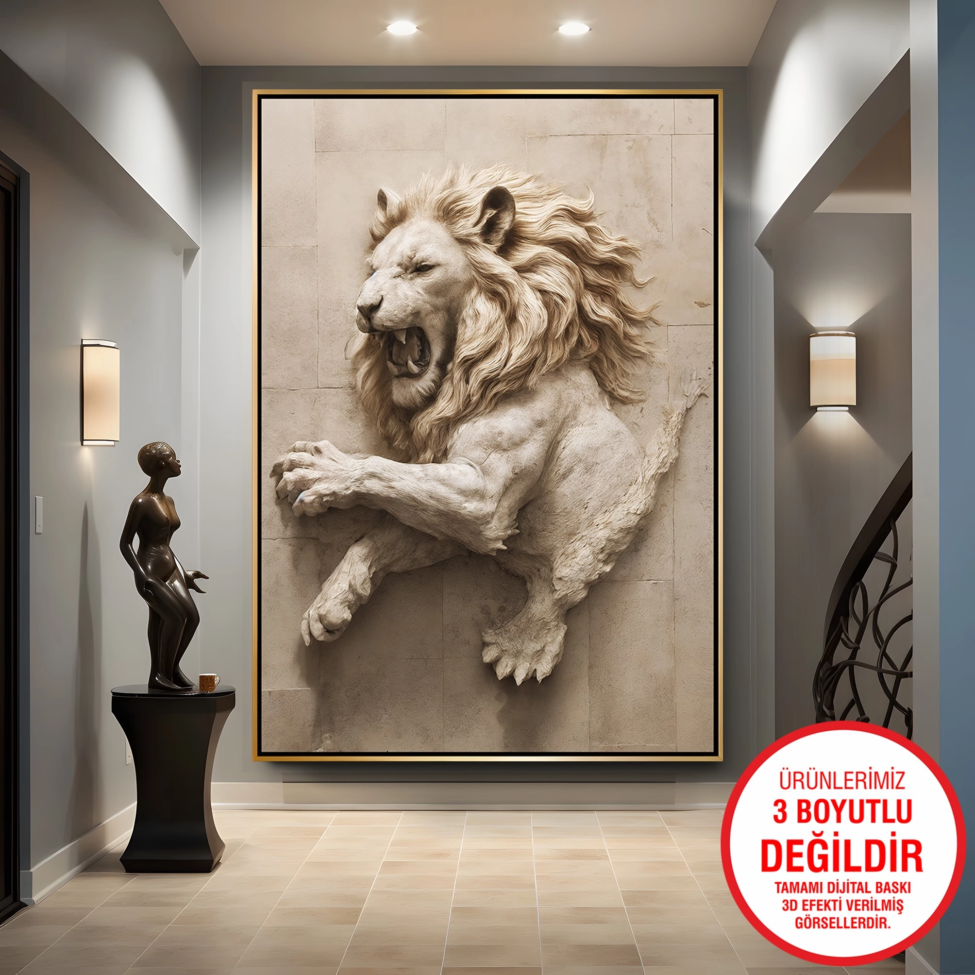 Gold%20Metal%20Çerçeveli%20Kabartma%20Görünümlü%20Aslan%20Kanvas%20Tablo