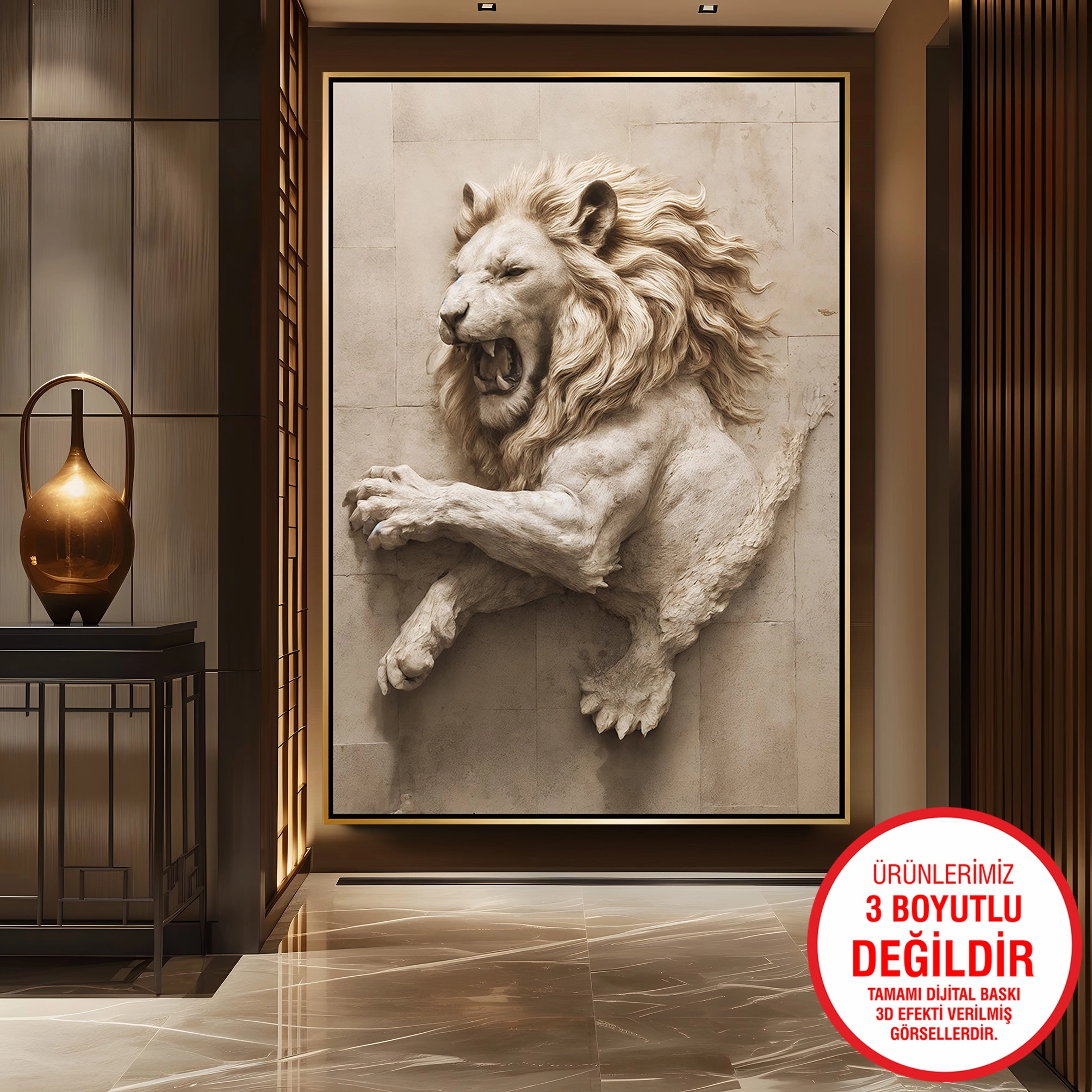 Gold%20Metal%20Çerçeveli%20Kabartma%20Görünümlü%20Aslan%20Kanvas%20Tablo