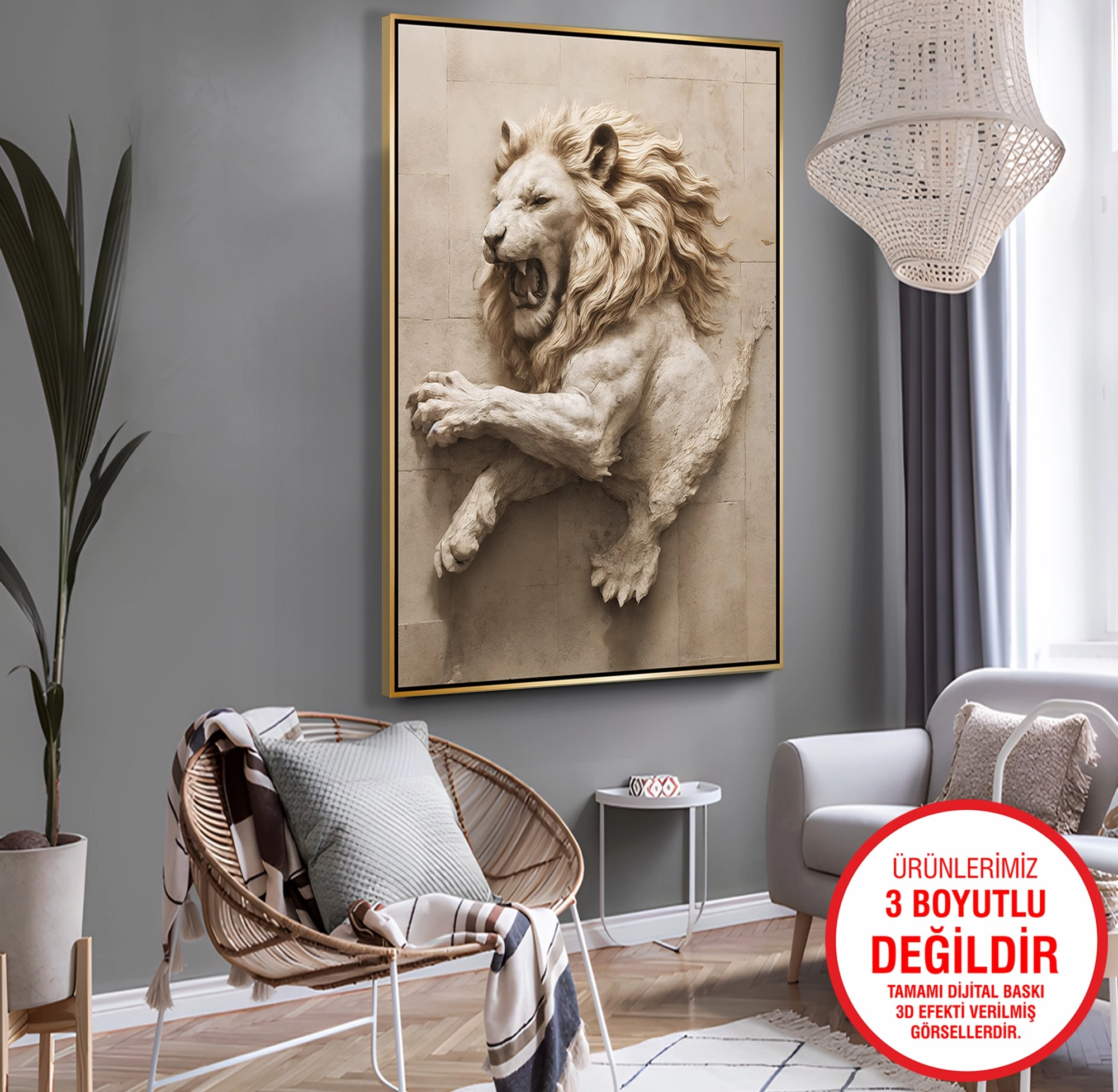 Gold%20Metal%20Çerçeveli%20Kabartma%20Görünümlü%20Aslan%20Kanvas%20Tablo