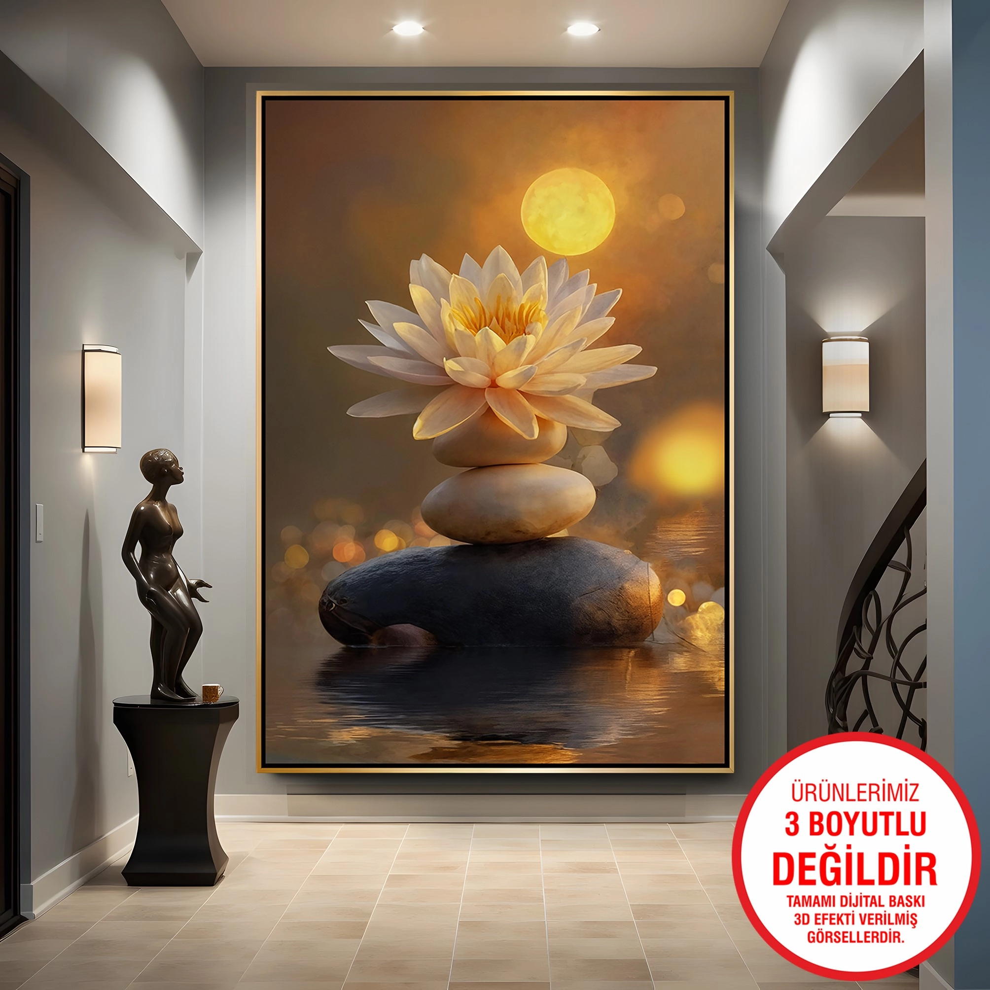 Gold%20Metal%20Çerçeveli%20Kabartma%20Görünümlü%20Nilüfer%20Çiçeği%20Kanvas%20Tablo