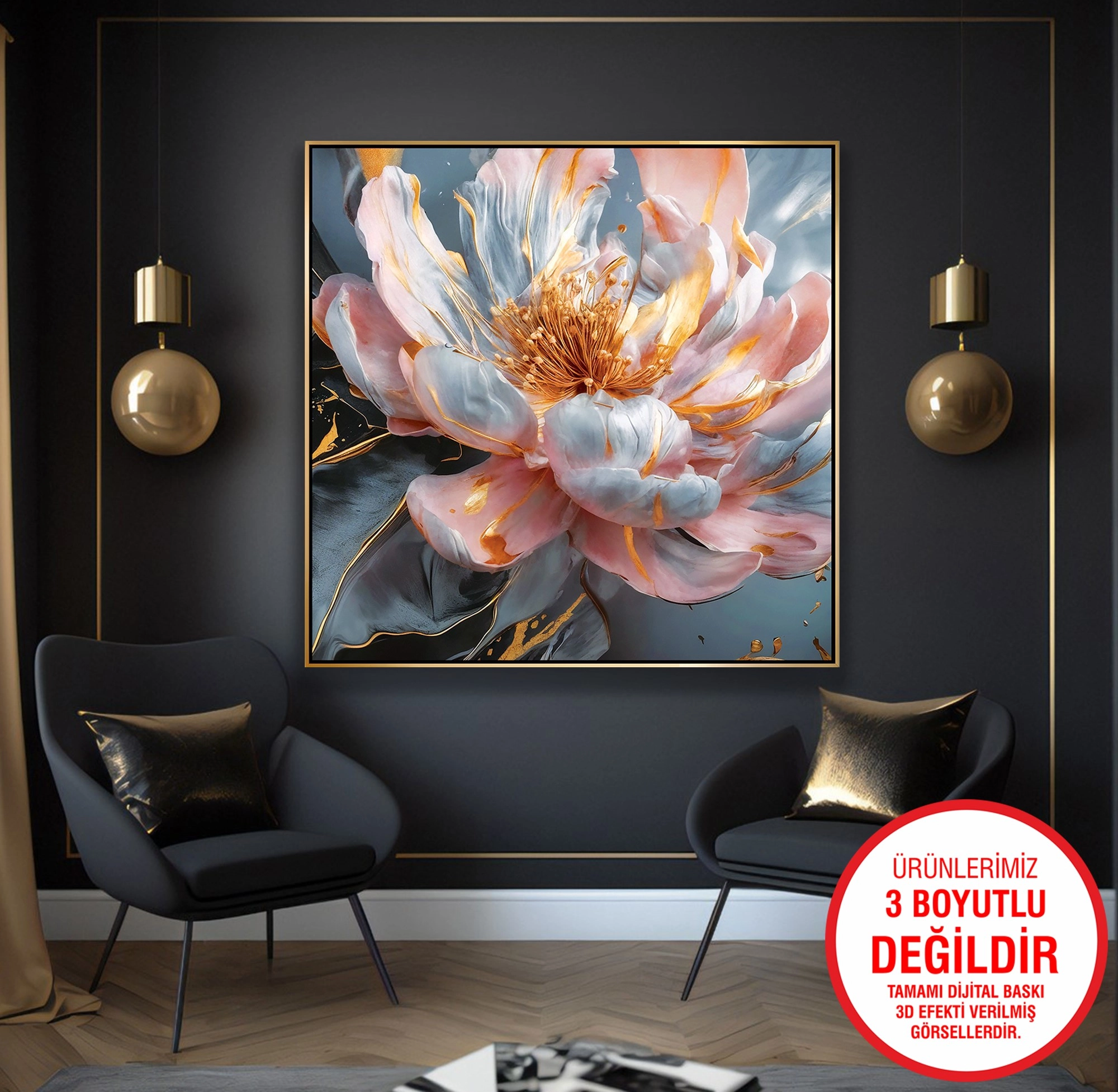 Gold%20Metal%20Çerçeveli%20Kabartma%20Görünümlü%20Çiçek%20Kanvas%20Tablo
