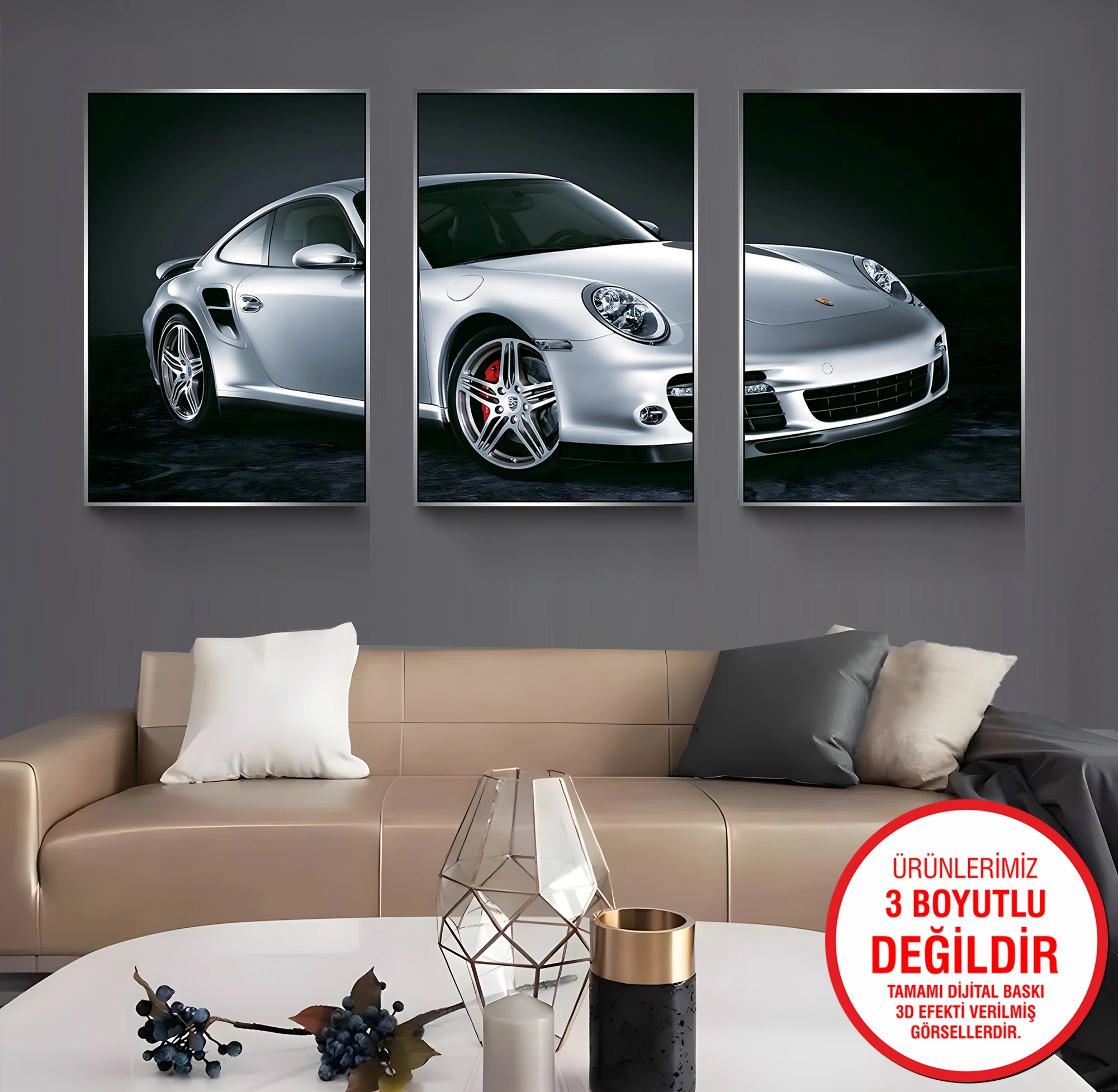 Gümüş%20Metal%20Çerçeveli%20Porsche%203’lü%20Kanvas%20Tablo%20Seti