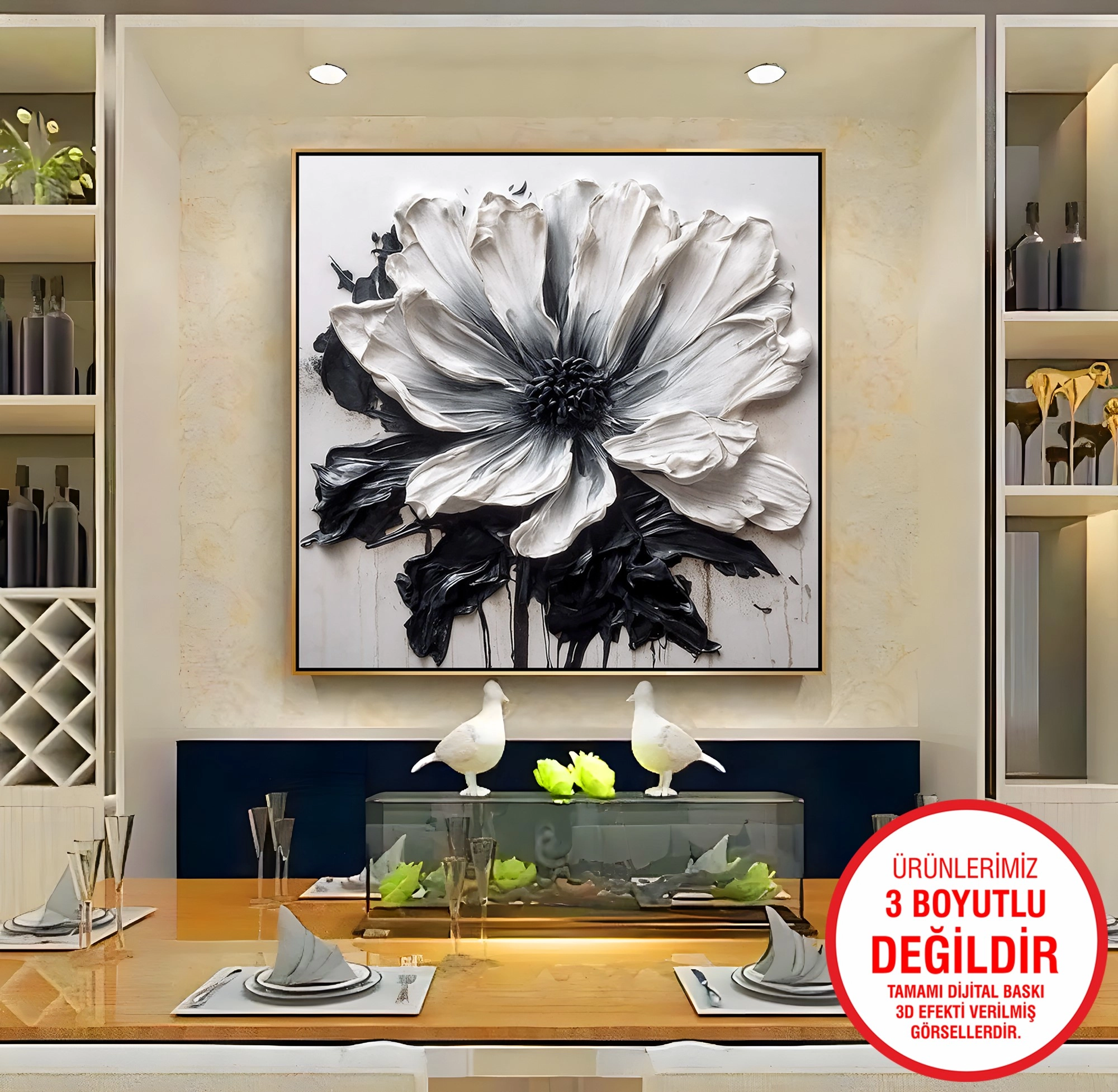 Gold%20Metal%20Çerçeveli%20Kabartma%20Görünümlü%20Beyaz%20Çiçek%20Kanvas%20Tablo