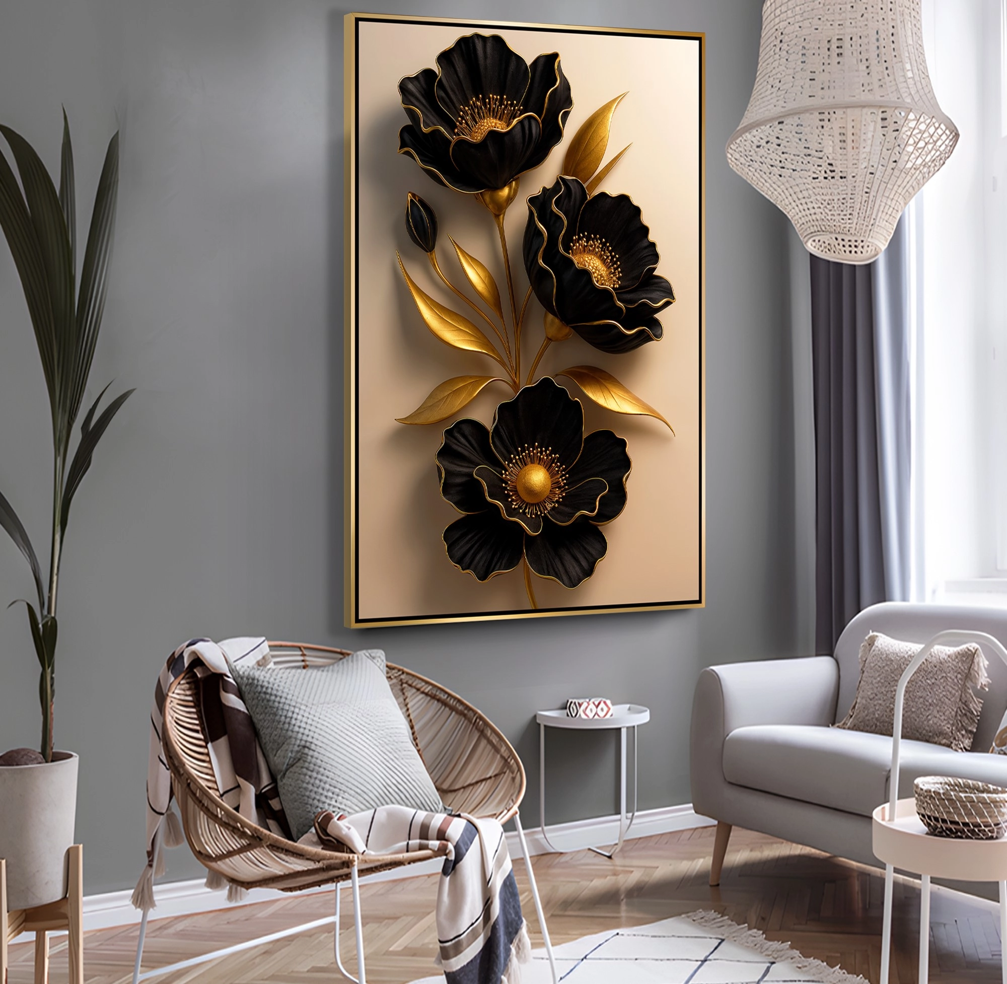Gold%20Metal%20Çerçeveli%20Kabartma%20Görünümlü%20Siyah%20Çiçek%20Kanvas%20Tablo