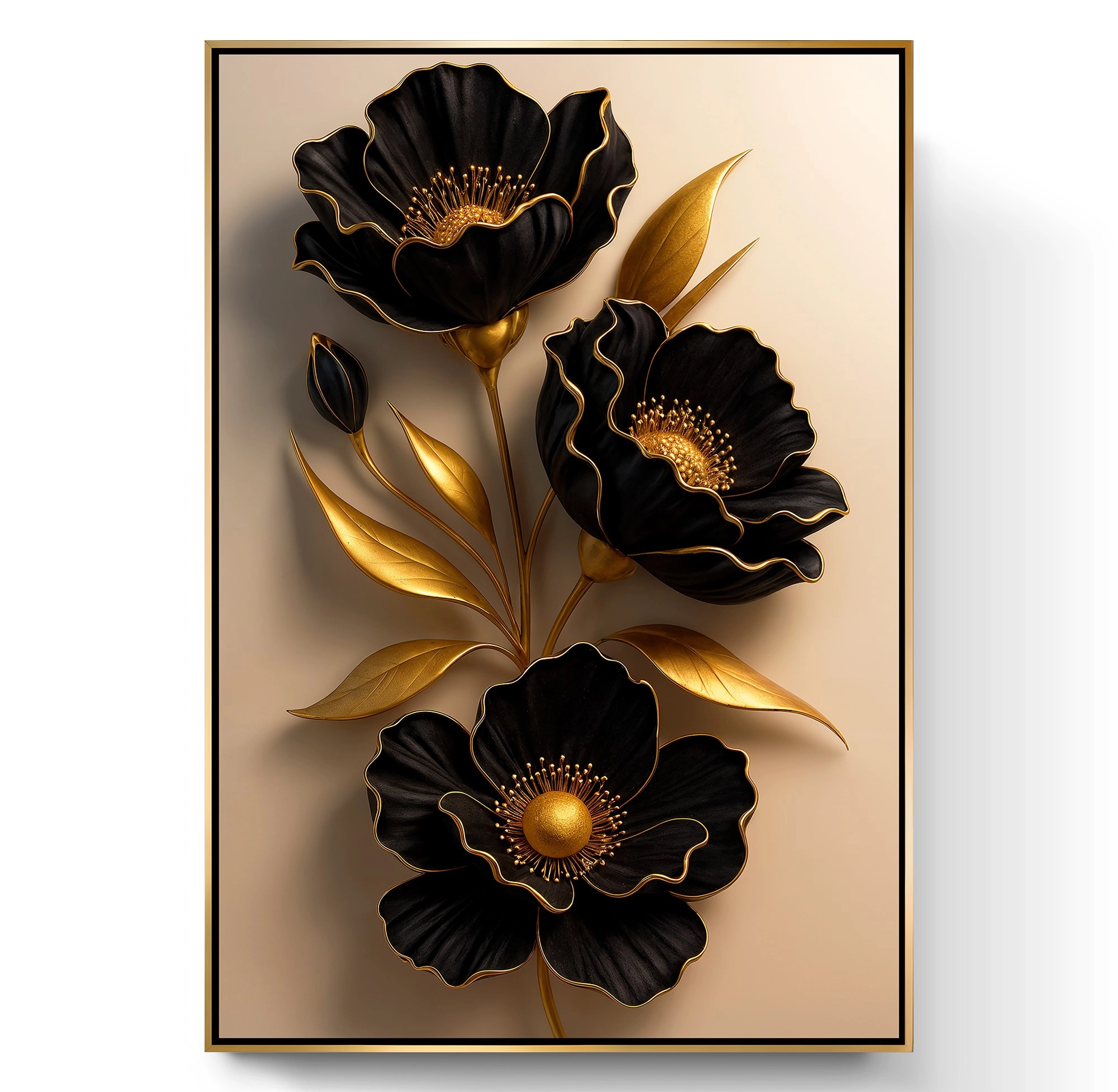 Gold%20Metal%20Çerçeveli%20Kabartma%20Görünümlü%20Siyah%20Çiçek%20Kanvas%20Tablo