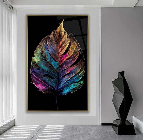 Metal Çerçeveli Renkli Yapraklar Cam Tablo