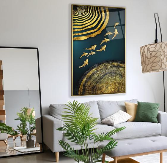 Metal Çerçeveli Soyut Desenler Cam Tablo