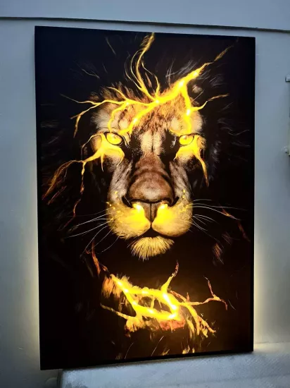Led Işıklı Aslan Kanvas Tablo