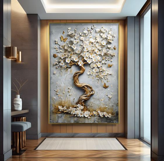 Metal Çerçeveli Gold Ağaç Cam Tablo