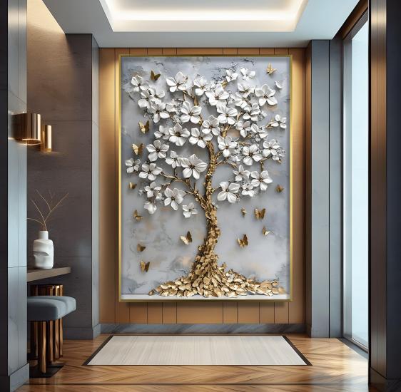 Metal Çerçeveli Gold Ağaç Cam Tablo