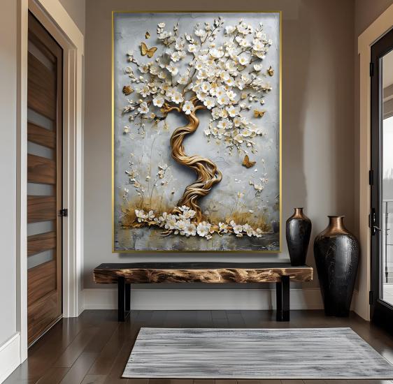 Metal Çerçeveli Gold Ağaç Cam Tablo