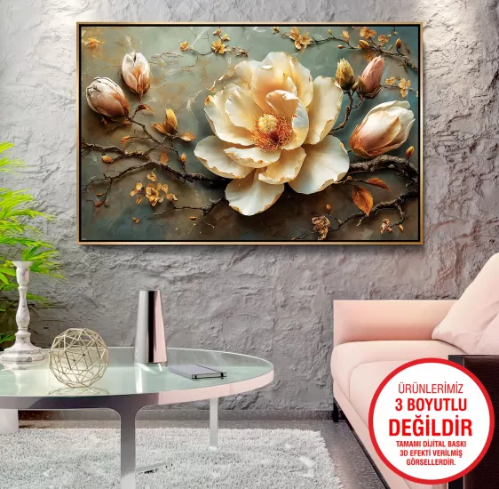 Gold Metal Çerçeveli Çiçekler Kanvas Tablo