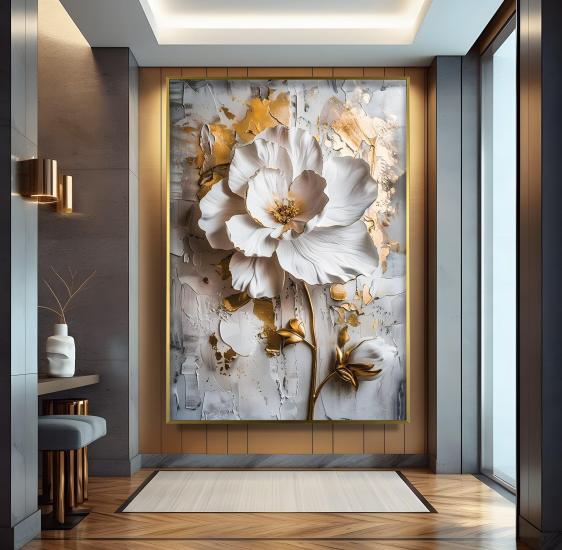 Metal Çerçeveli Altın Çiçekler Cam Tablo