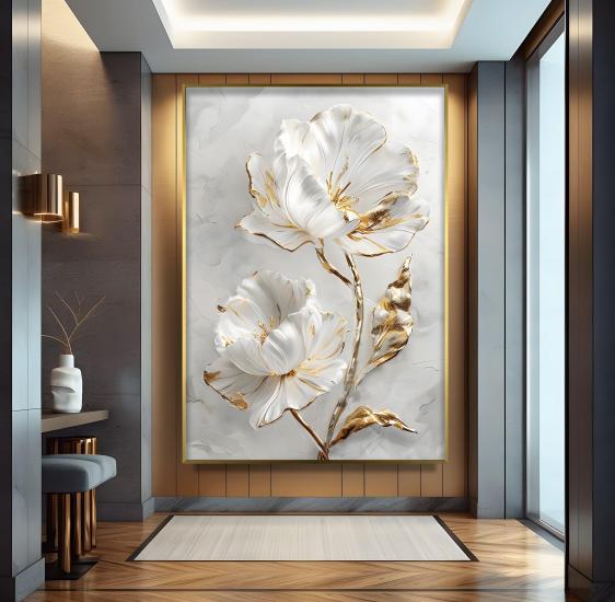 Metal Çerçeveli Altın Çiçekler Cam Tablo