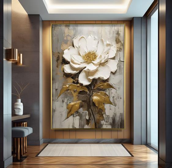 Metal Çerçeveli Altın Çiçekler Cam Tablo