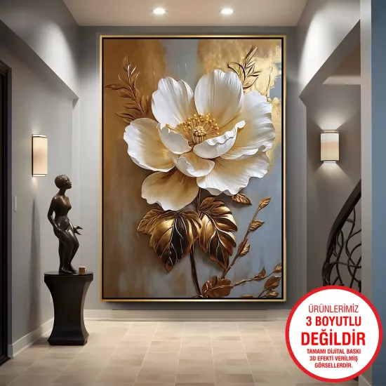 Gold Metal Çerçeveli Çiçekler Kanvas Tablo