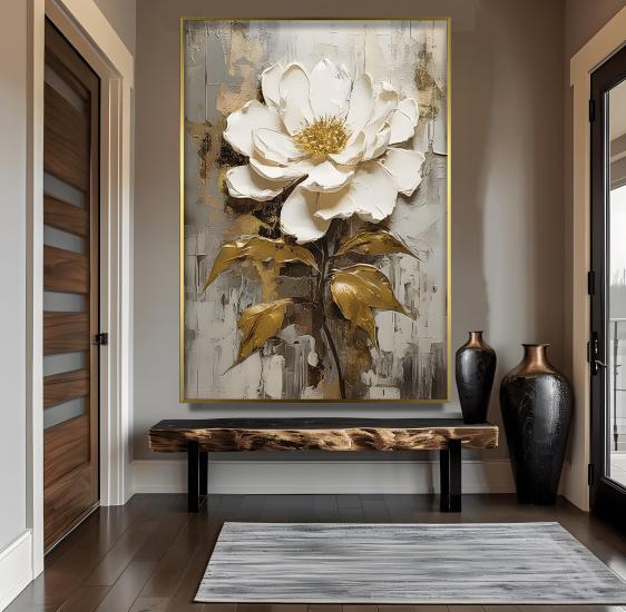 Metal Çerçeveli Altın Çiçekler Cam Tablo