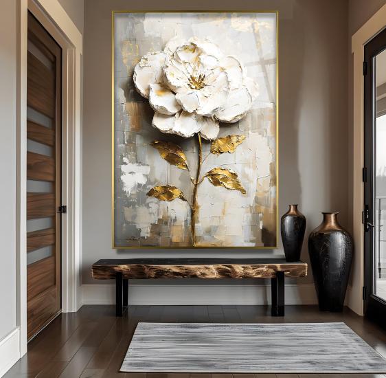 Metal Çerçeveli Altın Çiçekler Cam Tablo