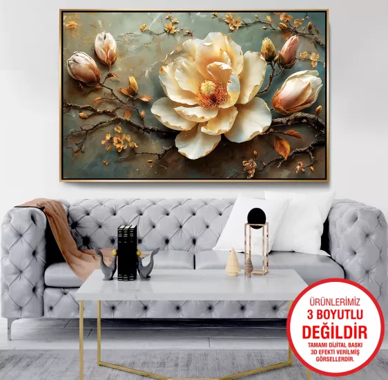 Gold Metal Çerçeveli Çiçekler Kanvas Tablo