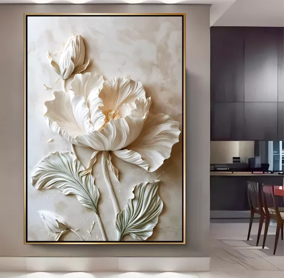 Gold Metal Çerçeveli Kabartma Görünümlü Beyaz Çiçek Dekoratif Kanvas Tablo
