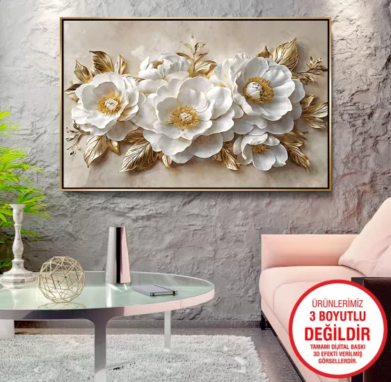 Gold Metal Çerçeveli Çiçekler Kanvas Tablo