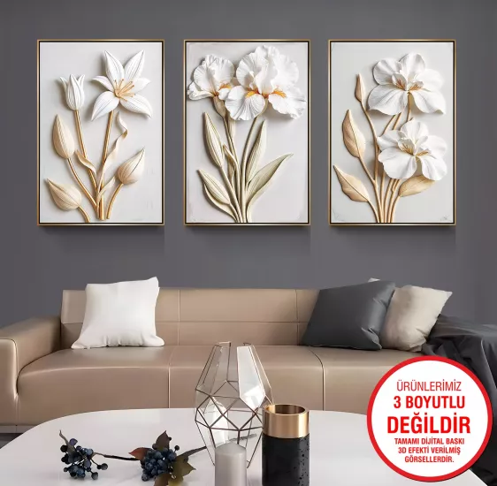 Gold Metal Çerçeveli Çiçekler 3’lü Kanvas Tablo