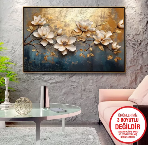 Gold Metal Çerçeveli Çiçekler Kanvas Tablo