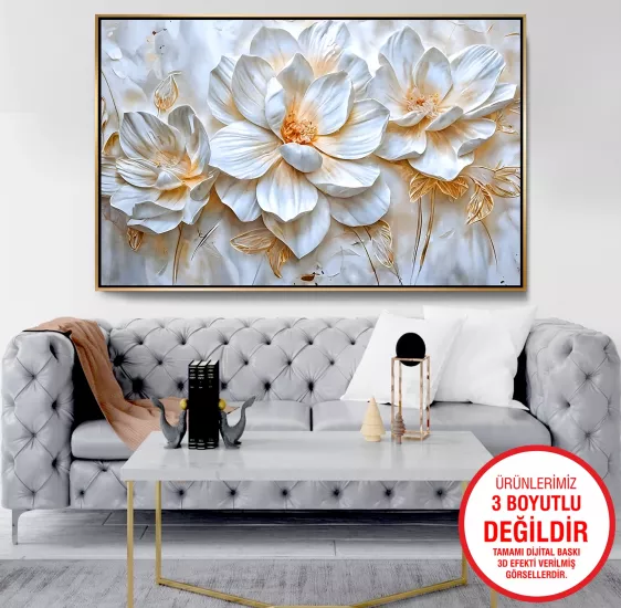 Gold Metal Çerçeveli Çiçekler Kanvas Tablo